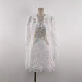 High-Grade 2 Piece Set Women O-Neck Long Sleeve Single Button Blouse White Floral Lace Maxi Length Print Mini Skirt Casual Party