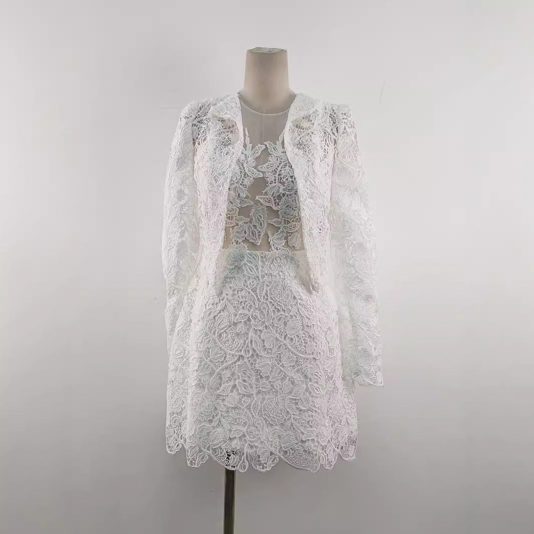 High-Grade 2 Piece Set Women O-Neck Long Sleeve Single Button Blouse White Floral Lace Maxi Length Print Mini Skirt Casual Party