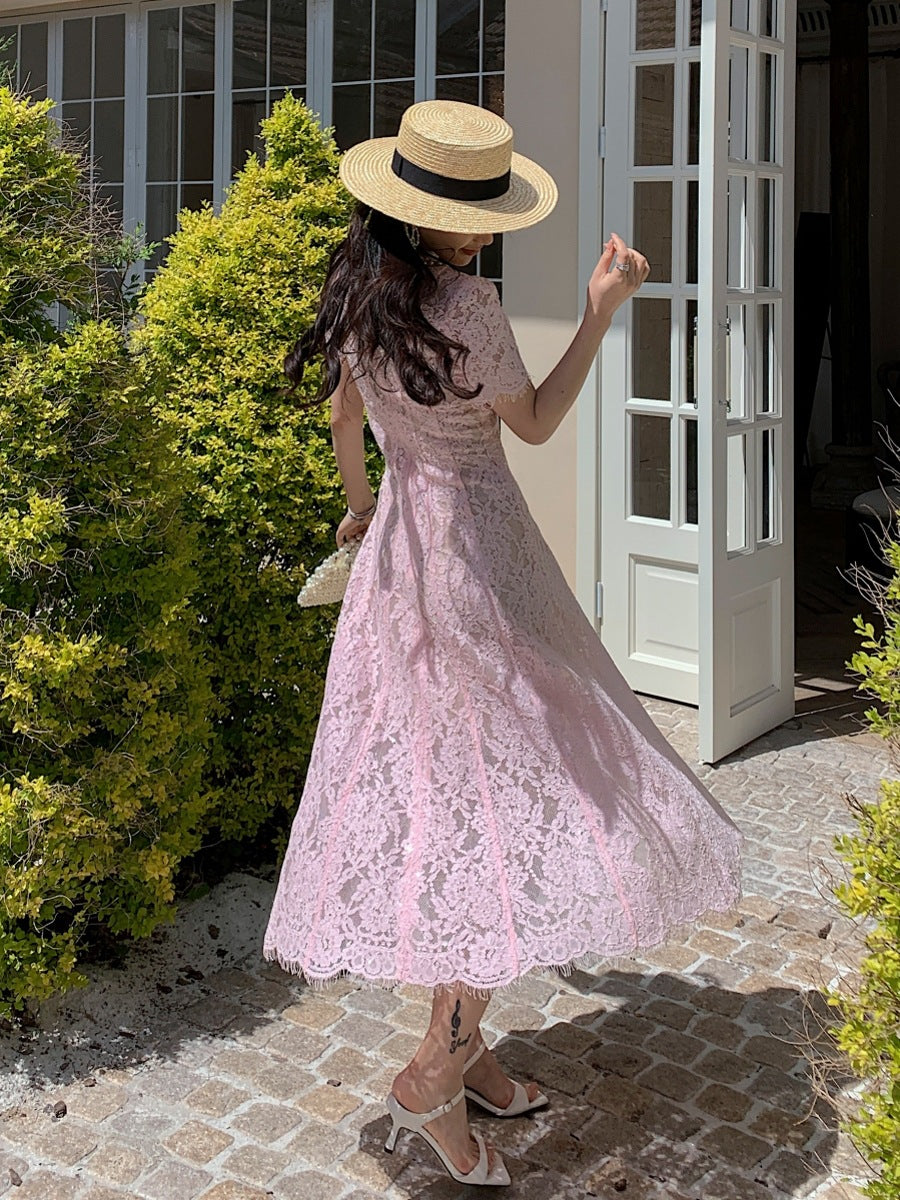 New pink Dress Formal Event Pearl Round Neck Short Sleeve Lace Slim-fit Long Evening Gown Party Holiday Elegant Dress