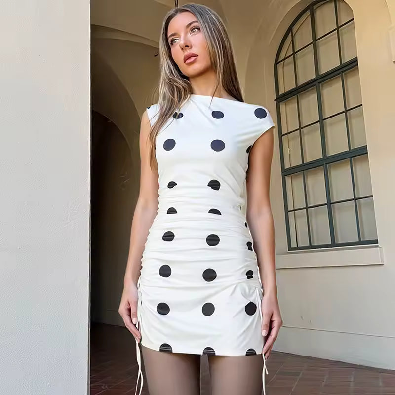 2026 Black White Polka Dot Tank Mini Dress Women Drawstring Ruched Bodycon Party Robe