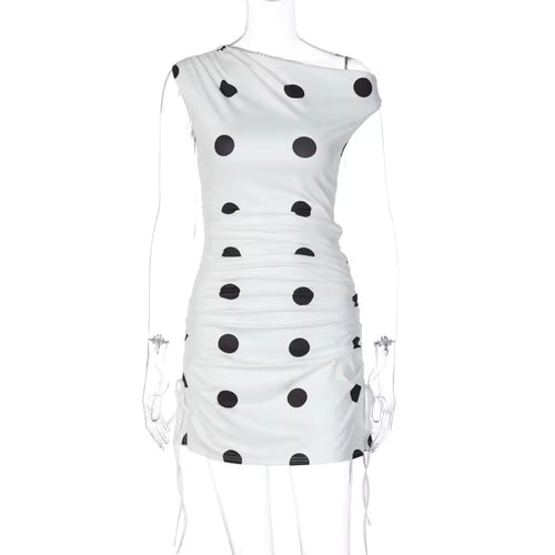 2026 Black White Polka Dot Tank Mini Dress Women Drawstring Ruched Bodycon Party Robe