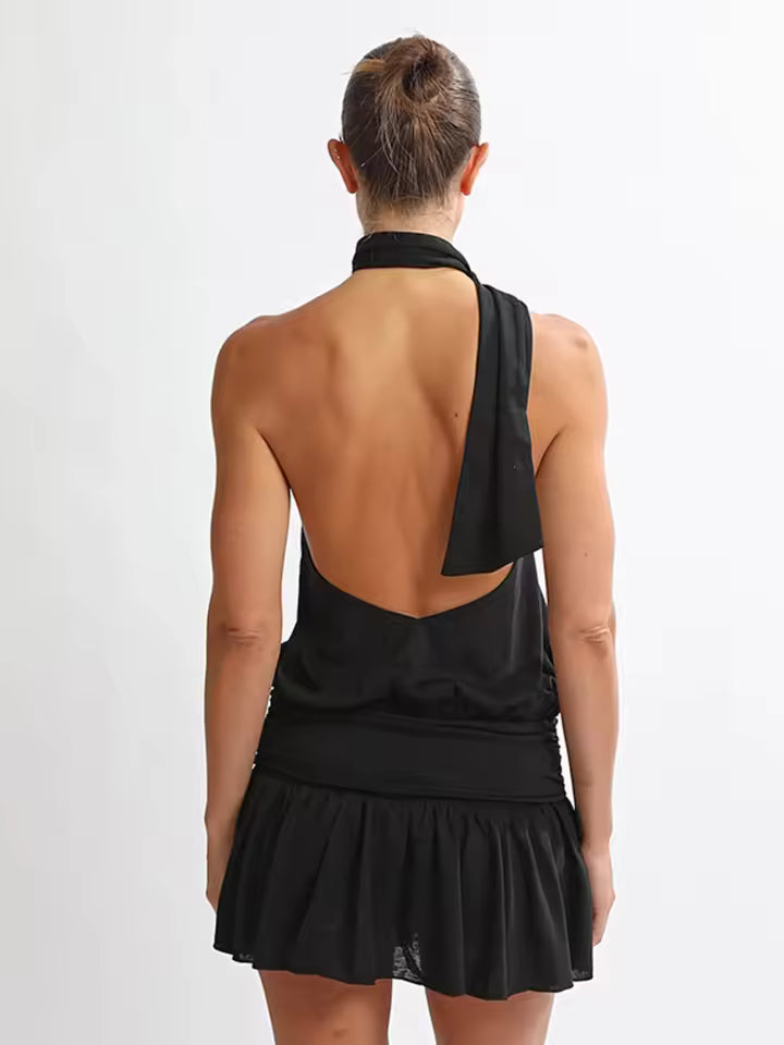 2026 Sexy One Shoulder Polka Dot Mini Dress Women Halter Backless Ruched Waist Robe