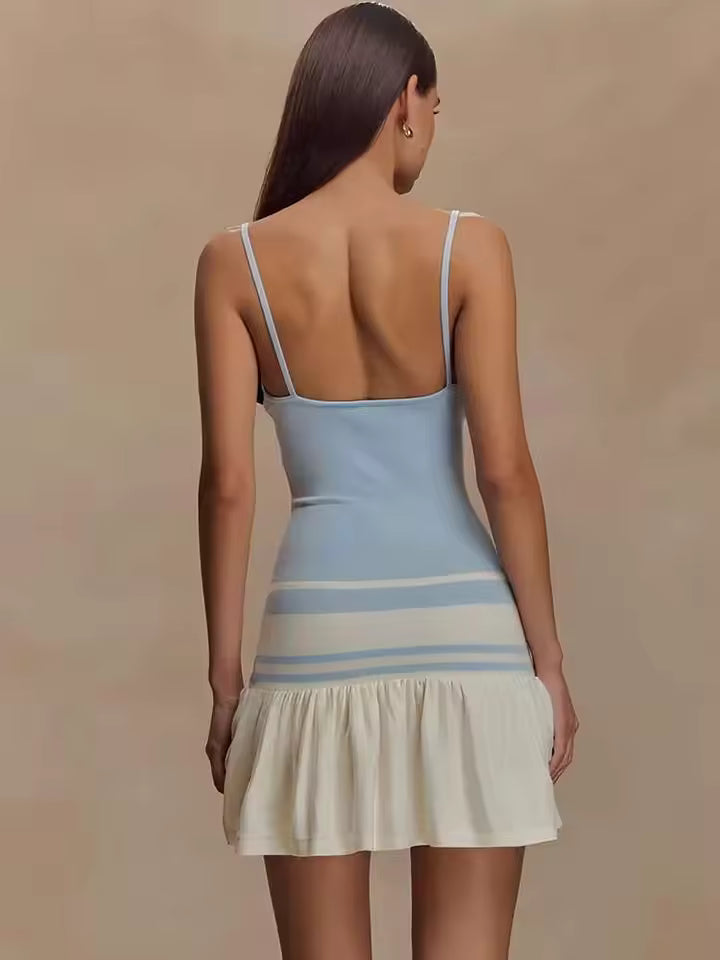 2026 Summer Knitted Stripe Mini Dress Women Sexy Patchwork Backless A-Line Slip Robe