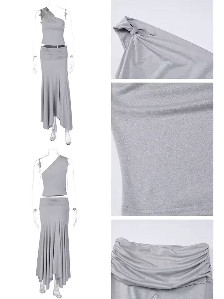 2026 Sexy Asymmetrical Neck Skirt Set Women One Shoulder Crop Top Fold Over Maxi Robe