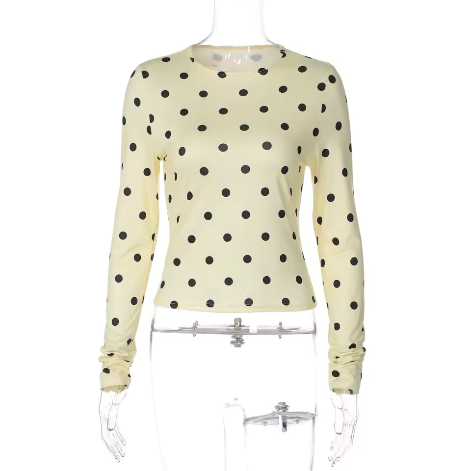 2026 Fall Polka Dot Print Long Sleeve T-Shirt Women Slim Fit O-Neck Base Robe