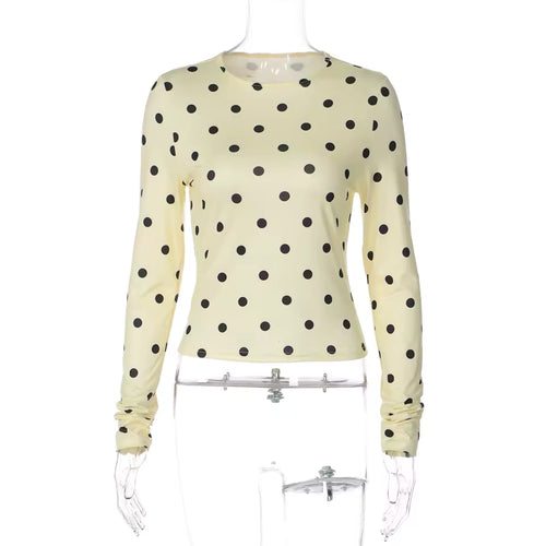 2026 Fall Polka Dot Print Long Sleeve T-Shirt Women Slim Fit O-Neck Base Robe
