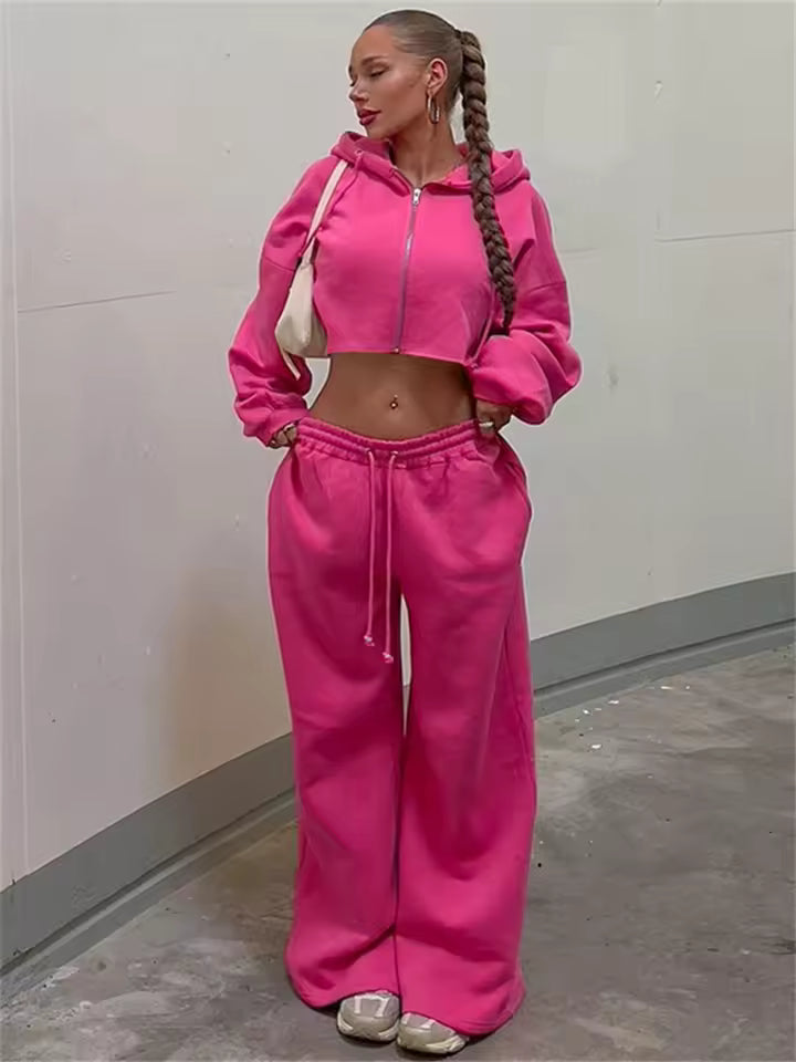 2026 Autumn Hoodie Flare Pants 2 Piece Set Women Zipper Hooded Slim Robe