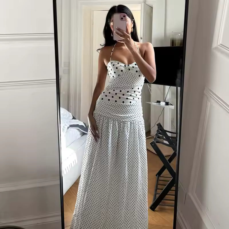 Vintage Halter Neck Polka Dot Dress Women Sexy Backless Ruched Long Dress for Summer Holiday
