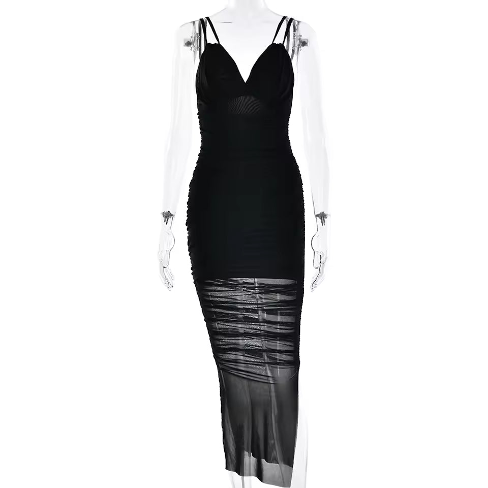 2026 Sexy Mesh Maxi Dress Women Deep V-Neck Ruched Bodycon Backless Split Long Robe