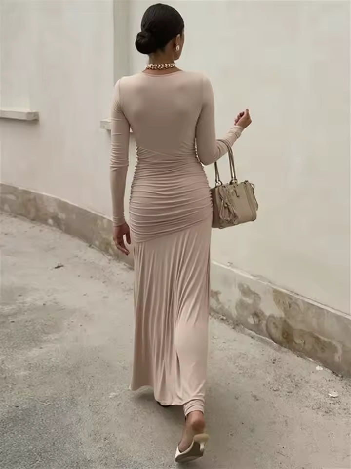 Women's Elegant Long Sleeve Maxi Dress Slim Fit Irregular Ribbon Detail Ruched High Waist Fall Fashion A-Line Long Dress