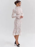 2026 Autumn Elegant Lace Long Sleeve Bodycon Dress Women Half High Neck Fishtail Robe