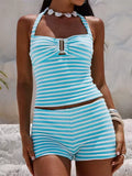 2026 Sexy Multicolor Striped Knit Set Women Backless Halter Crop Top Robes