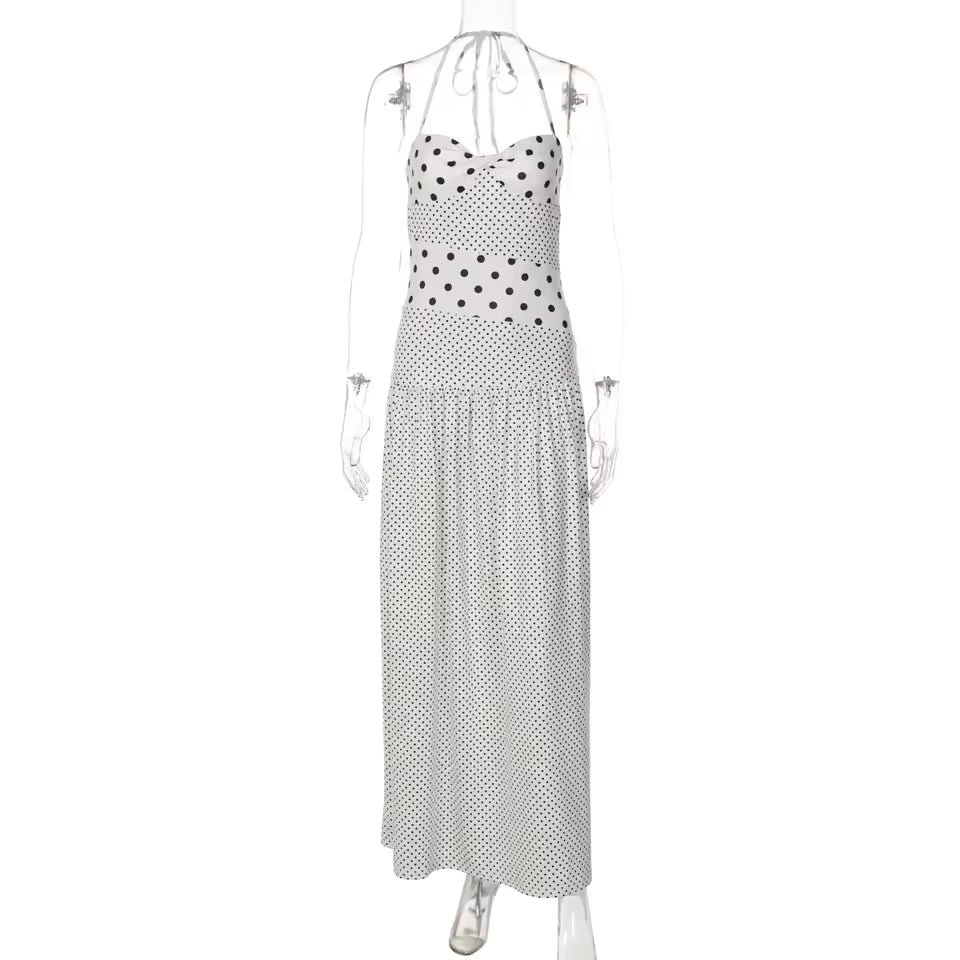 Vintage Halter Neck Polka Dot Dress Women Sexy Backless Ruched Long Dress for Summer Holiday