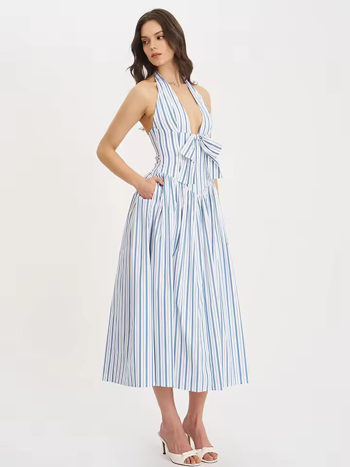 Women’s Elegant Stripe Maxi Dress Sexy Deep V-Neck Halter Backless Summer Party Dress Spliced Bow Slim Fit Long Vestidos