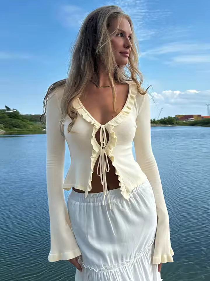 Chic Balletcore V-Neck Crop Top Women Sexy Lace Up Flare Sleeve Gown