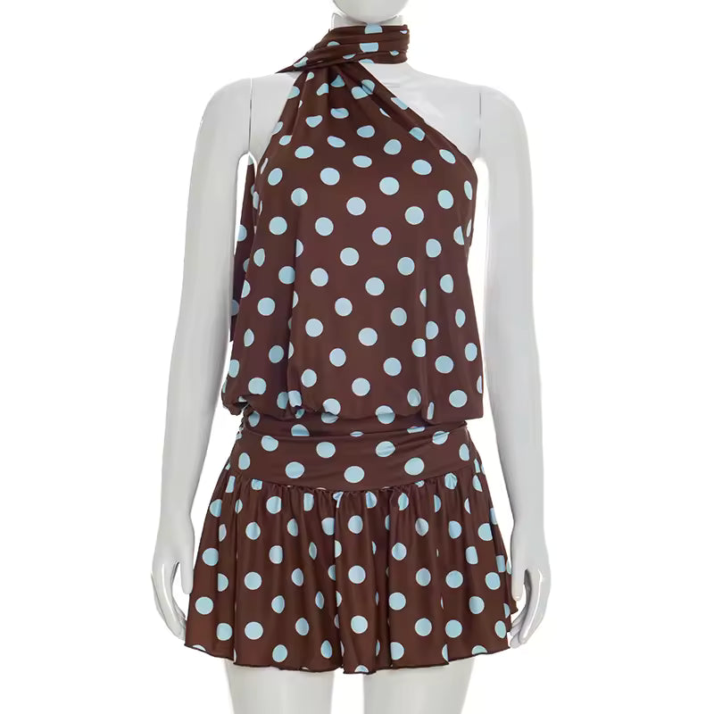 2026 Sexy One Shoulder Polka Dot Mini Dress Women Halter Backless Ruched Waist Robe
