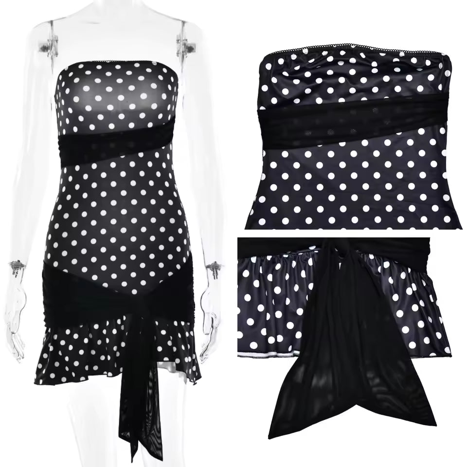 2026 Sexy Polka Dot Mesh Mini Dress Women Backless Strapless Party Outfits with Ribbon