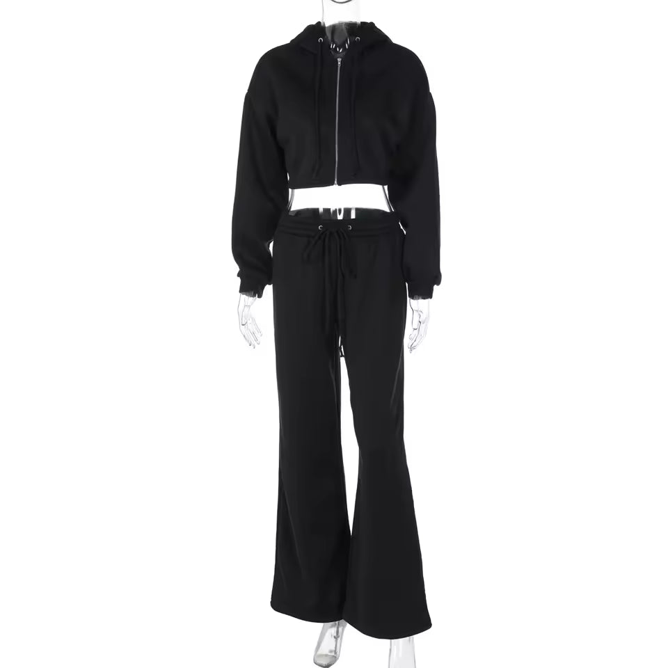 2026 Autumn Hoodie Flare Pants 2 Piece Set Women Zipper Hooded Slim Robe