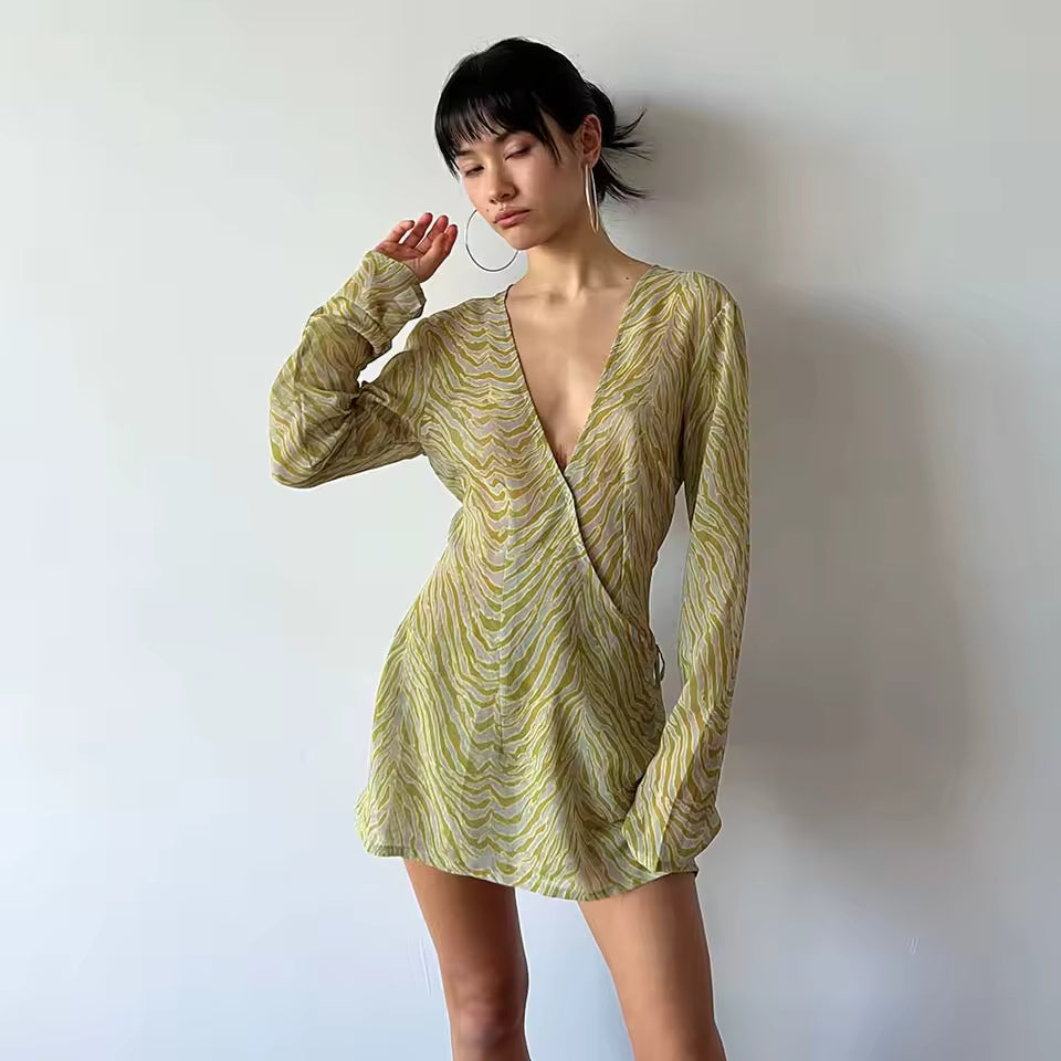 Y2K Sexy Mesh Mini Dress Water Ripple Print Side Ruched Lace Up V-Neck Long Sleeve Party Clubwear Date Night Vacation Outfit