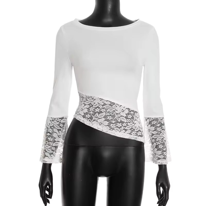 Dark Academia Lace Trimmed Top Women Sexy Fluted Sleeve Asymmetrical Gowns