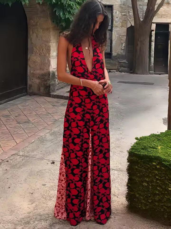 2026 Sexy Floral Polka Dot Patchwork Maxi Dress Women Halter Deep V Backless Robe