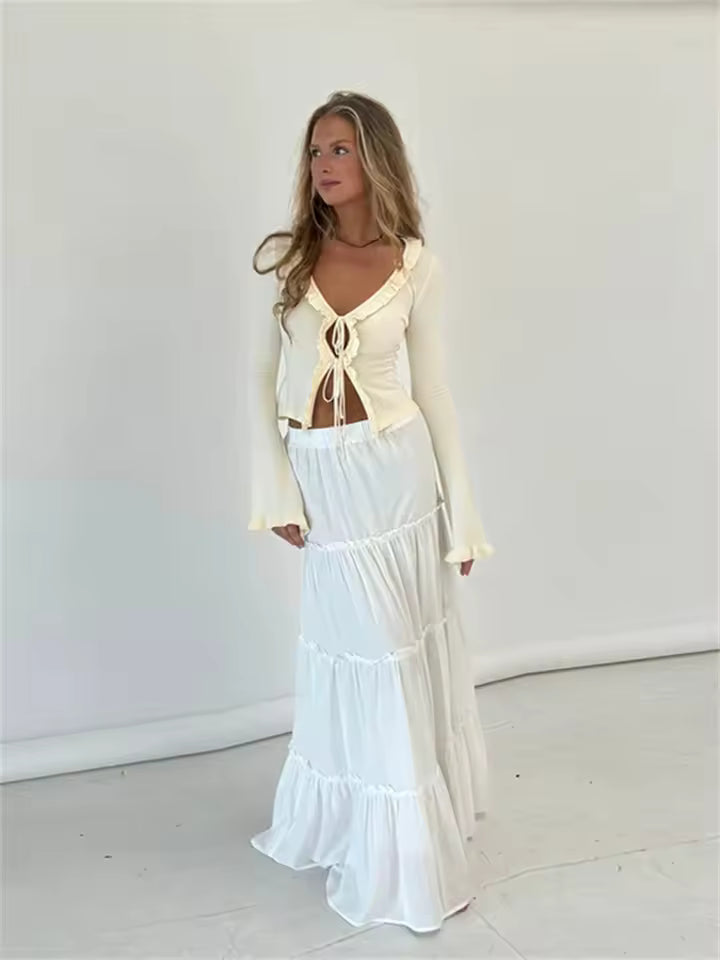 Chic Balletcore V-Neck Crop Top Women Sexy Lace Up Flare Sleeve Gown
