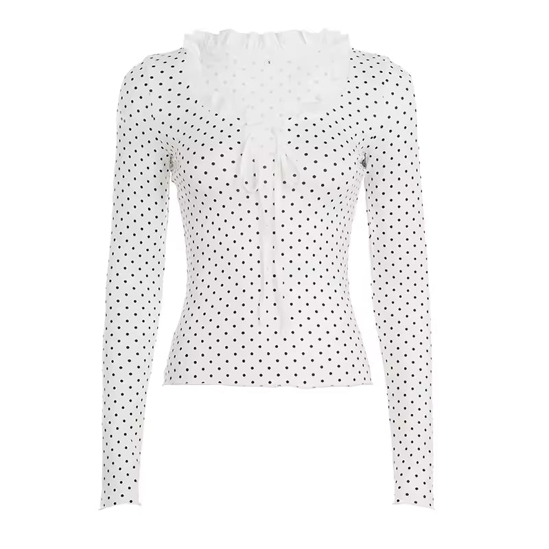 Chic Y2K Polka Dot Ruffled Top Women Sexy Lace Patchwork Hollow Out Gown