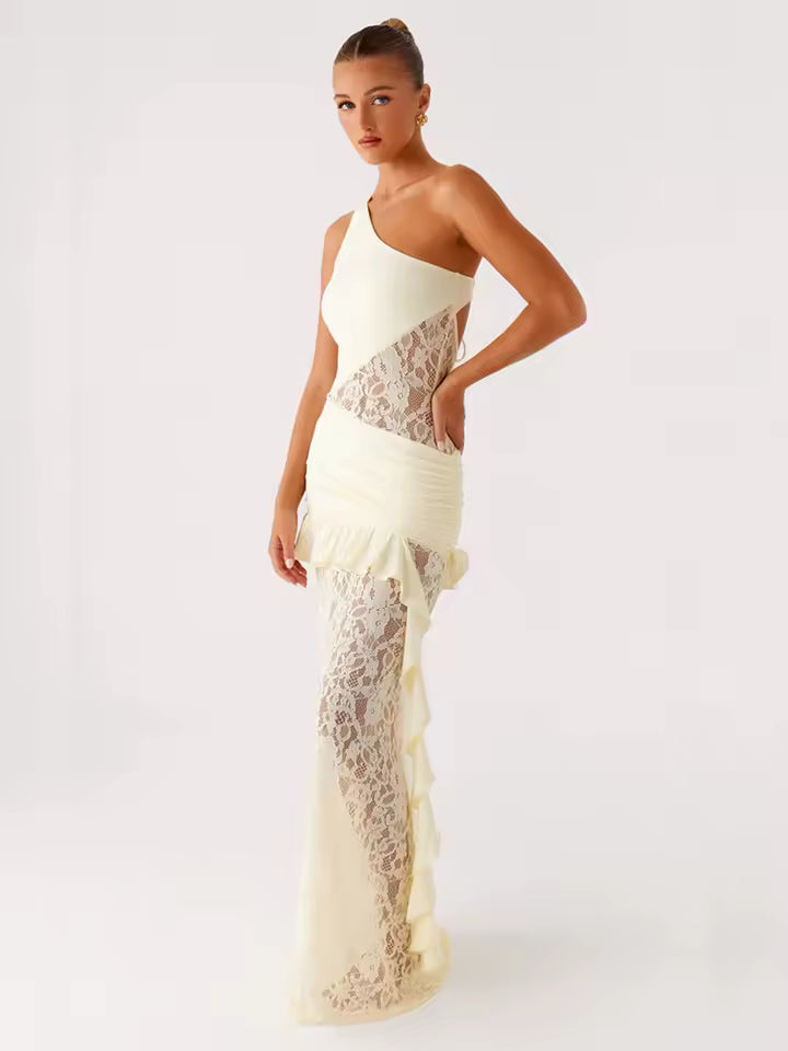 2026 Sexy Asymmetrical Neck Lace Patchwork Robe Women Backless Tie-Up Ruffled Gown