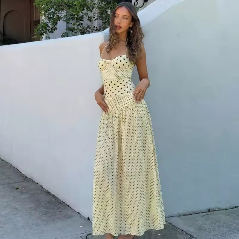 Vintage Halter Neck Polka Dot Dress Women Sexy Backless Ruched Long Dress for Summer Holiday