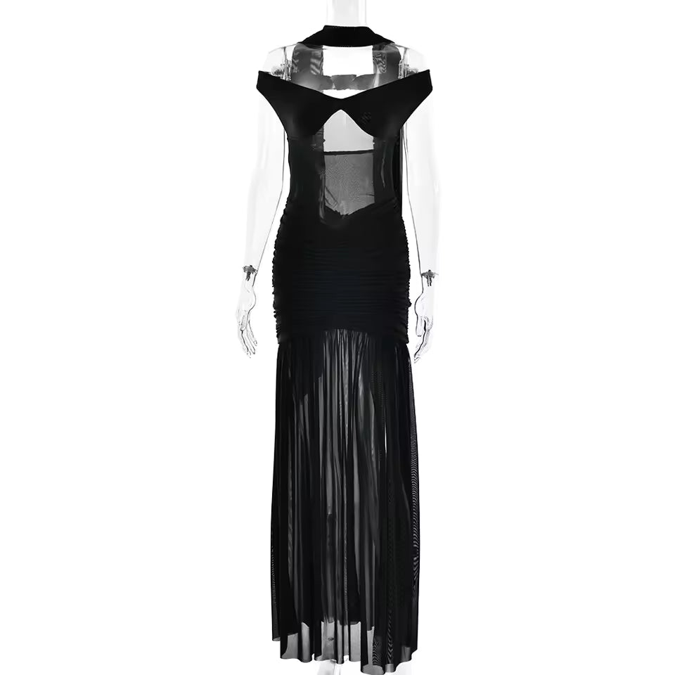 Mesh Ruched V Neck Split Maxi Dress Women's Halter Scarf Strapless Tank Backless Elegant Evening Dress Summer Partywear