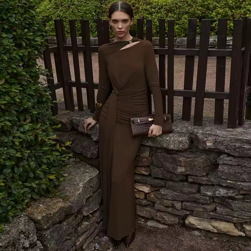 Women's Elegant Long Sleeve Maxi Dress Slim Fit Irregular Ribbon Detail Ruched High Waist Fall Fashion A-Line Long Dress