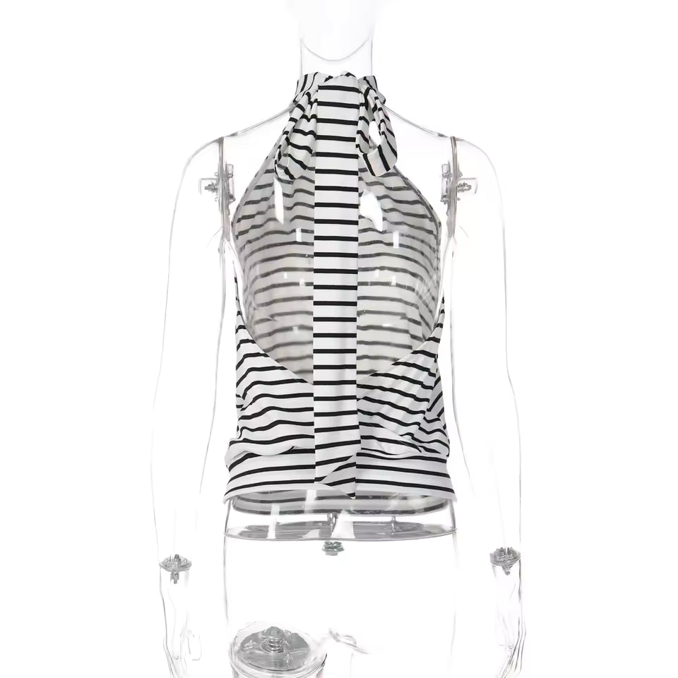 Y2K Striped Halter Tie Tank Top Women Sexy Backless Turtleneck Sleeveless Vest Retro 90s Slim Fit Camis Streetwear Outfit