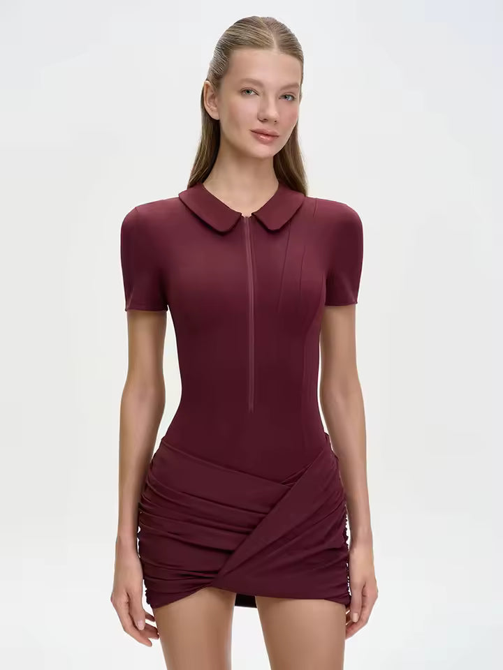 2026 Autumn Women's Zip Up Polo Mini Dress Boned Corset Waist Slim Bodycon Party Robe