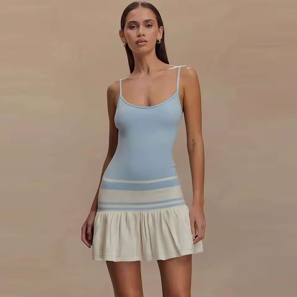 2026 Summer Knitted Stripe Mini Dress Women Sexy Patchwork Backless A-Line Slip Robe