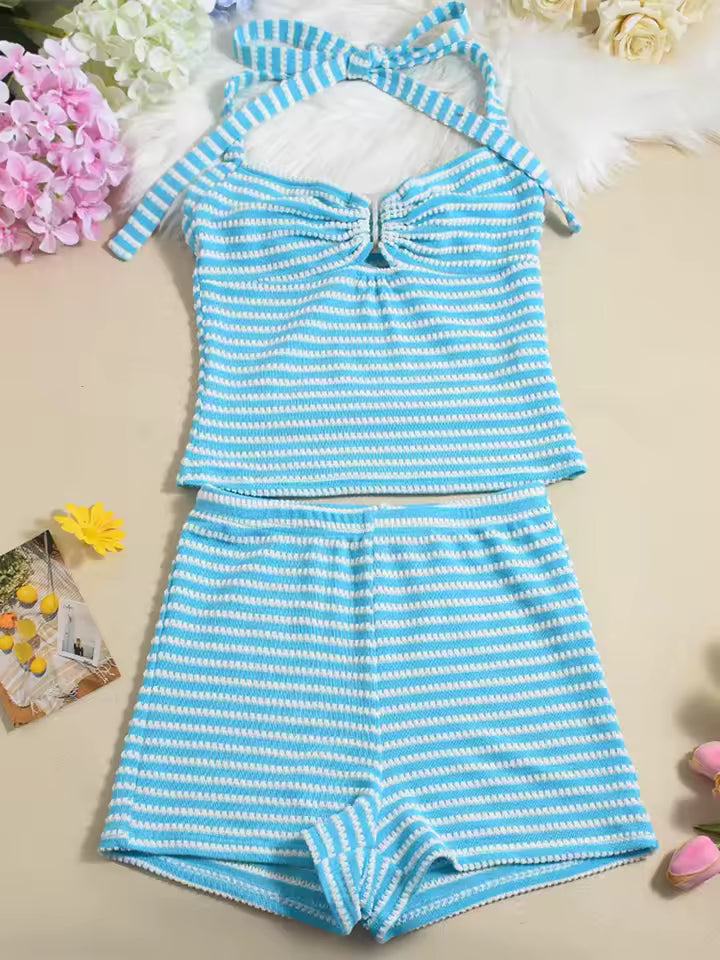 2026 Sexy Multicolor Striped Knit Set Women Backless Halter Crop Top Robes