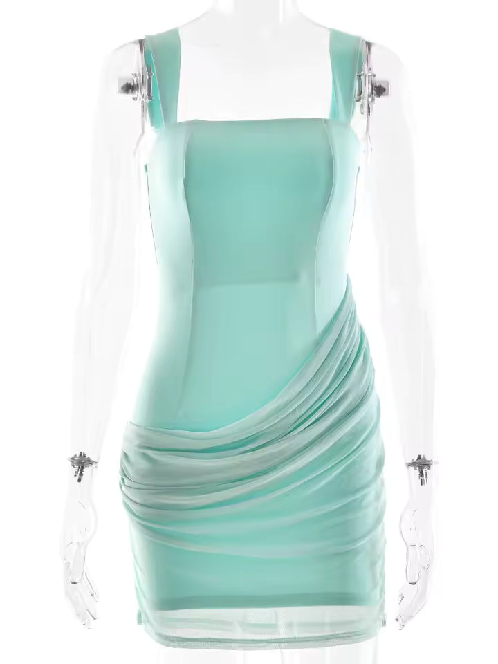 Women's Mesh Ruched Sexy Mini Dress Square Collar Robe Elegant Sleeveless Backless High Waist Club Slim Dresses Partywear