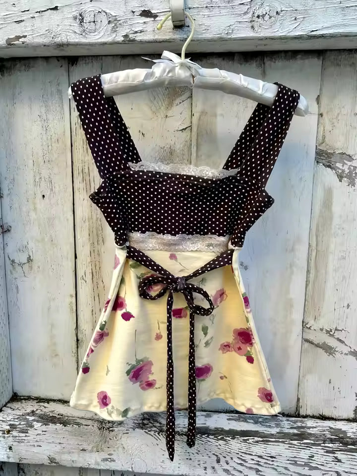 2026 Vintage Polka Dot Lace Patchwork Camisole Women Square Neck Tie Back Slim Robe