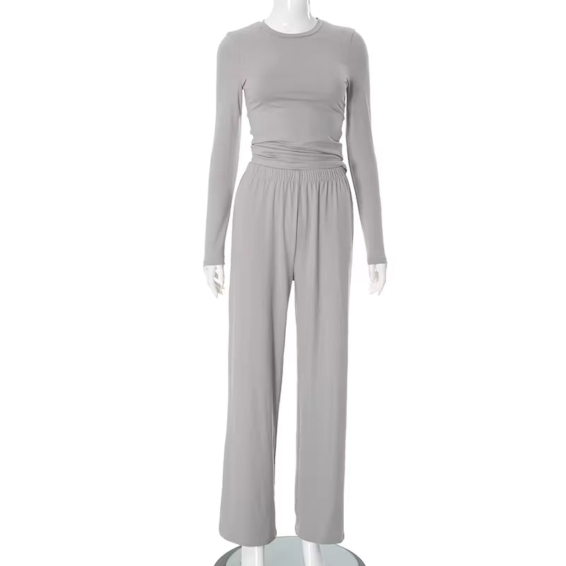 2026 Autumn Basic Wide Leg Pant Set Women Solid Crew Neck Long Sleeve Top Loose Robe