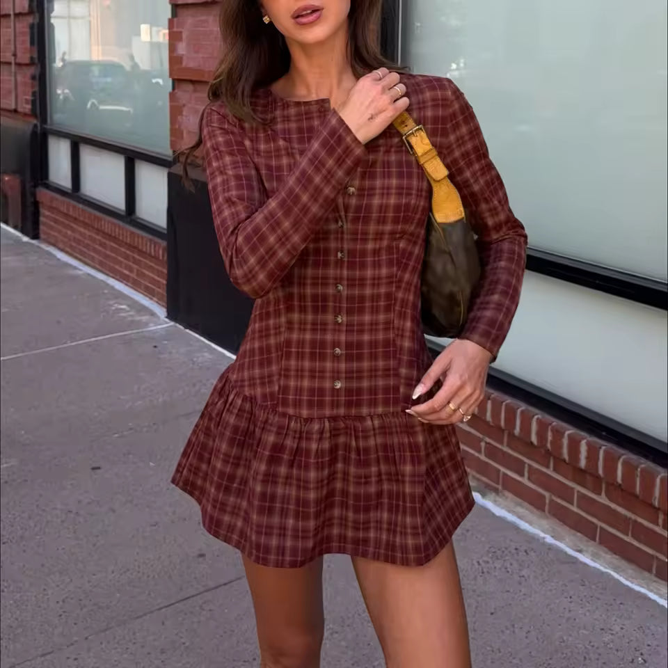 2026 Autumn Red Brown Plaid Mini Dress Women Y2K Square Neck Long Sleeve A-Line Robes