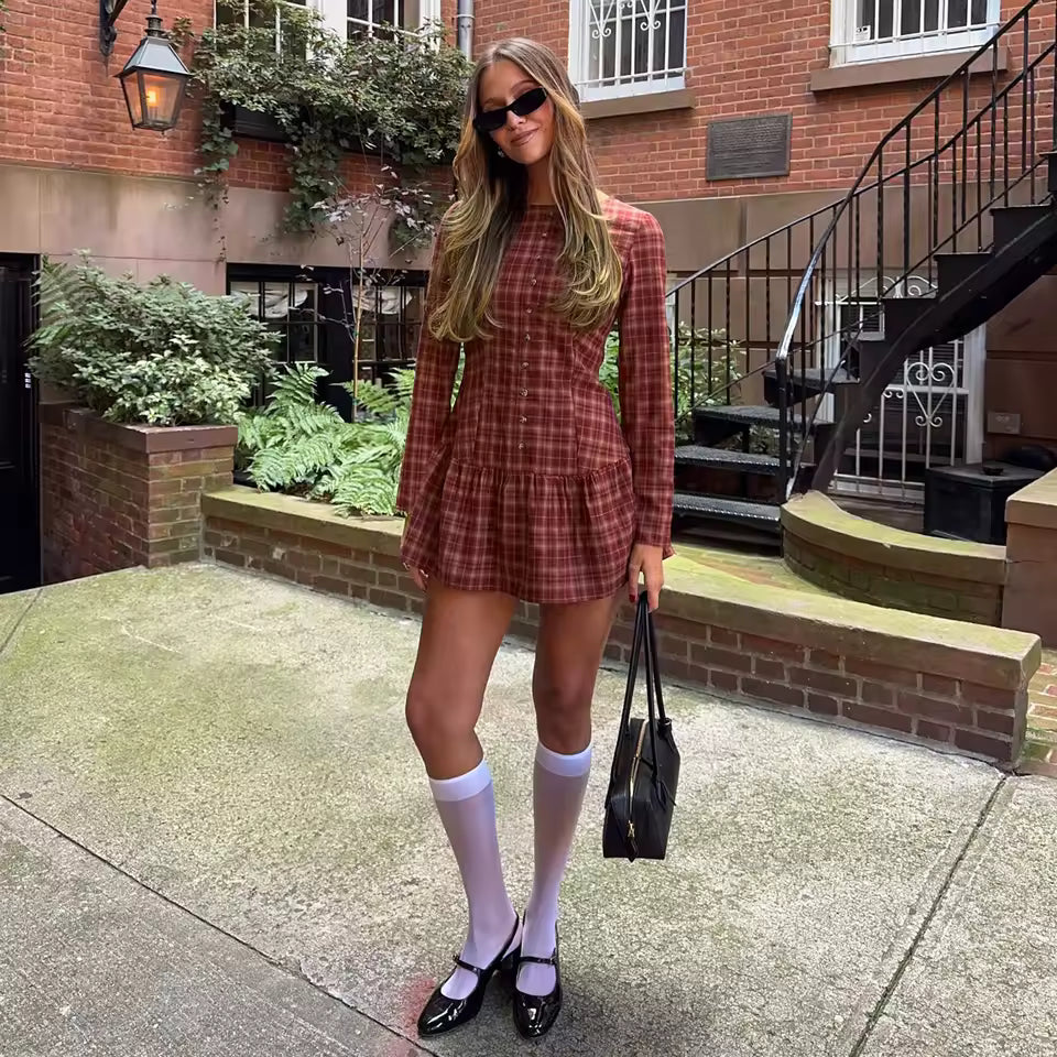 2026 Autumn Red Brown Plaid Mini Dress Women Y2K Square Neck Long Sleeve A-Line Robes