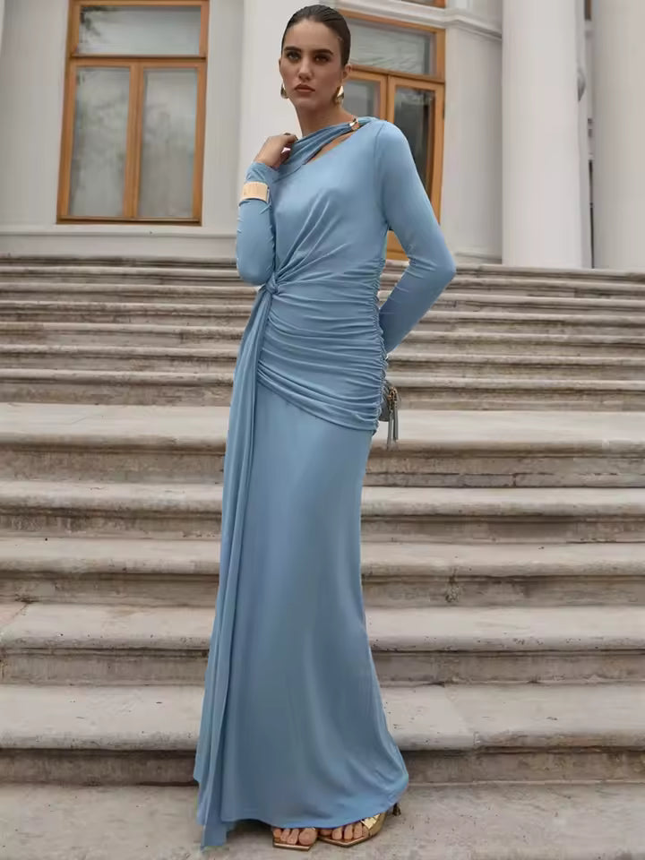 Women's Elegant Long Sleeve Maxi Dress Slim Fit Irregular Ribbon Detail Ruched High Waist Fall Fashion A-Line Long Dress