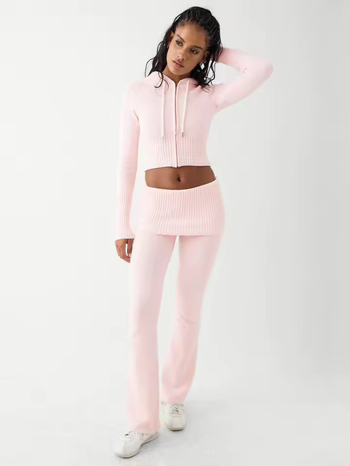 2026 Winter Striped Contrast 2 Piece Set Women Zipper Hooded Crop Jacket Flare Pant Robe