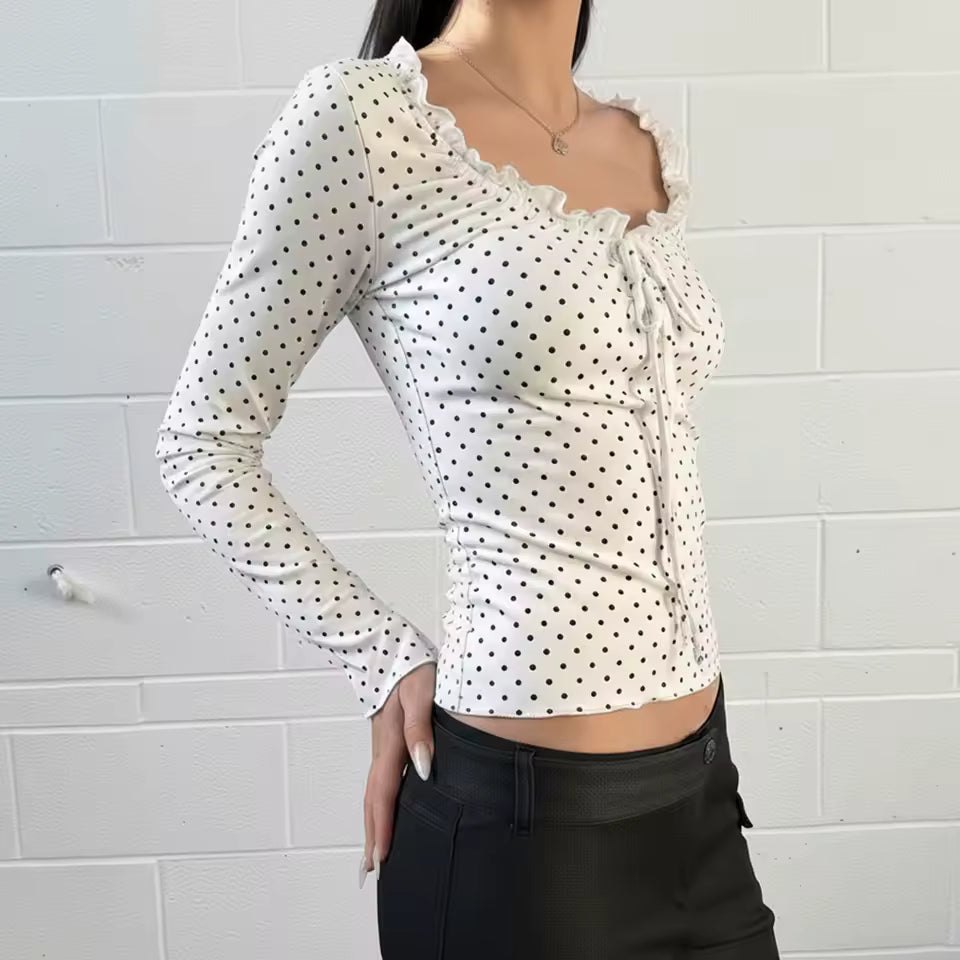 Chic Y2K Polka Dot Ruffled Top Women Sexy Lace Patchwork Hollow Out Gown
