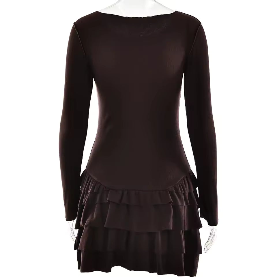 Chic Coquette Bow Mini Dress Women Sexy Frill Hem Layered Long Sleeve Gown