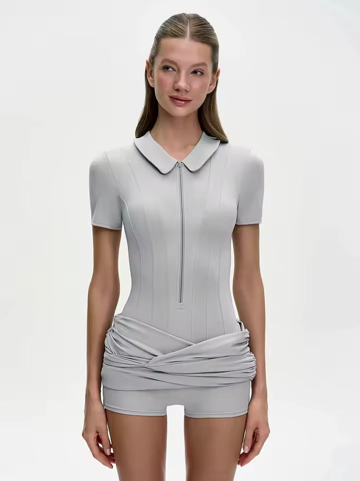 2026 Autumn Women's Zip Up Polo Mini Dress Boned Corset Waist Slim Bodycon Party Robe