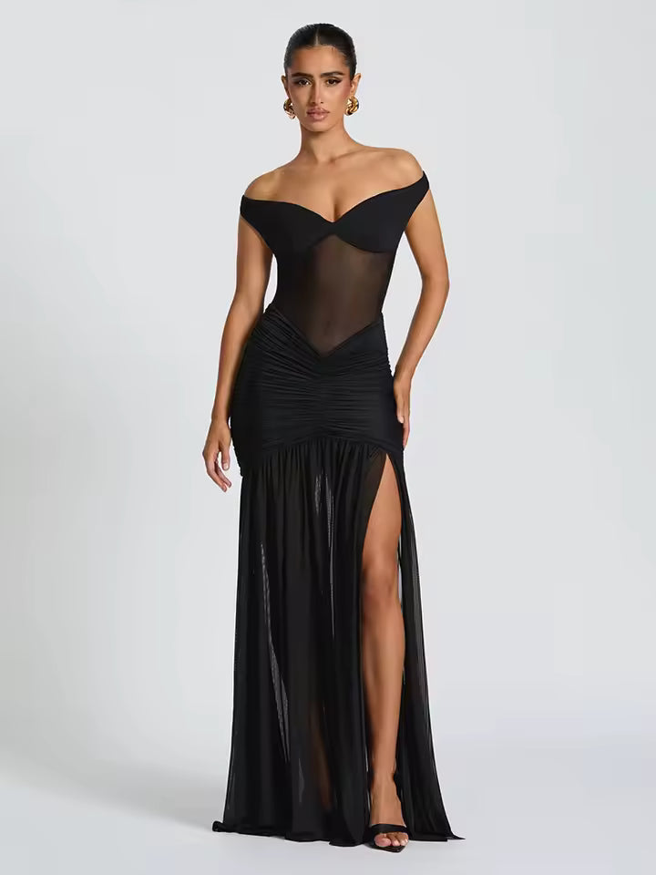 Mesh Ruched V Neck Split Maxi Dress Women's Halter Scarf Strapless Tank Backless Elegant Evening Dress Summer Partywear