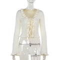 Chic Balletcore V-Neck Crop Top Women Sexy Lace Up Flare Sleeve Gown