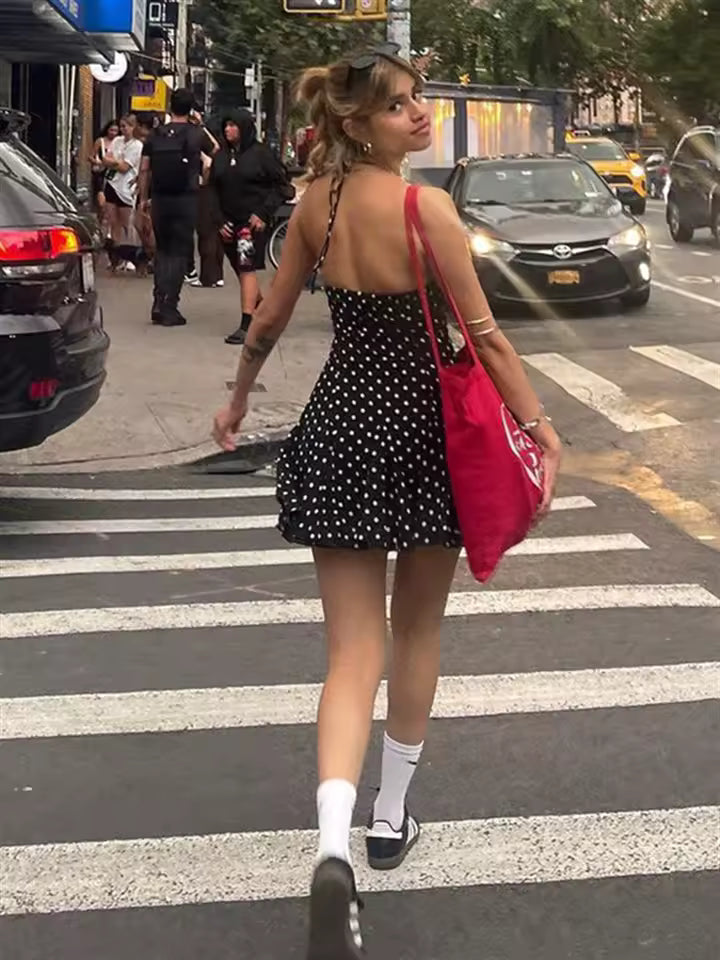 2026 Sexy Polka Dot Halter Mini Dress Women Y2K Aesthetic Backless Strapless Slim Fit Sundress