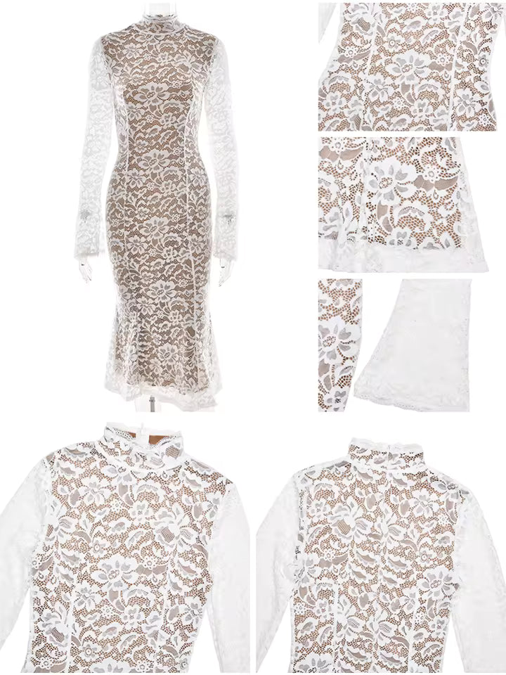 2026 Autumn Elegant Lace Long Sleeve Bodycon Dress Women Half High Neck Fishtail Robe