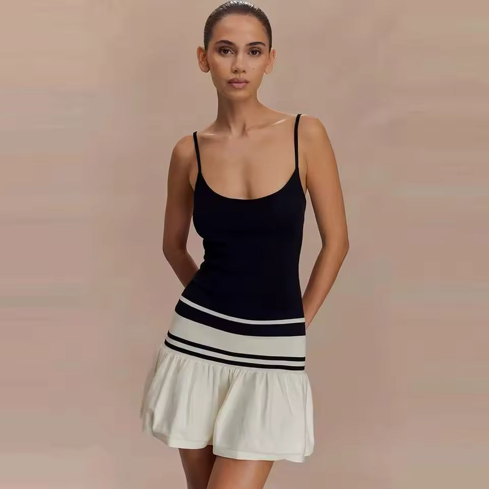 2026 Summer Knitted Stripe Mini Dress Women Sexy Patchwork Backless A-Line Slip Robe